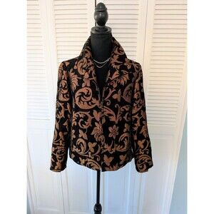 Windridge Cheryl Nash Jacket Womens M Brown Black Scroll Metallic Brocade Blazer